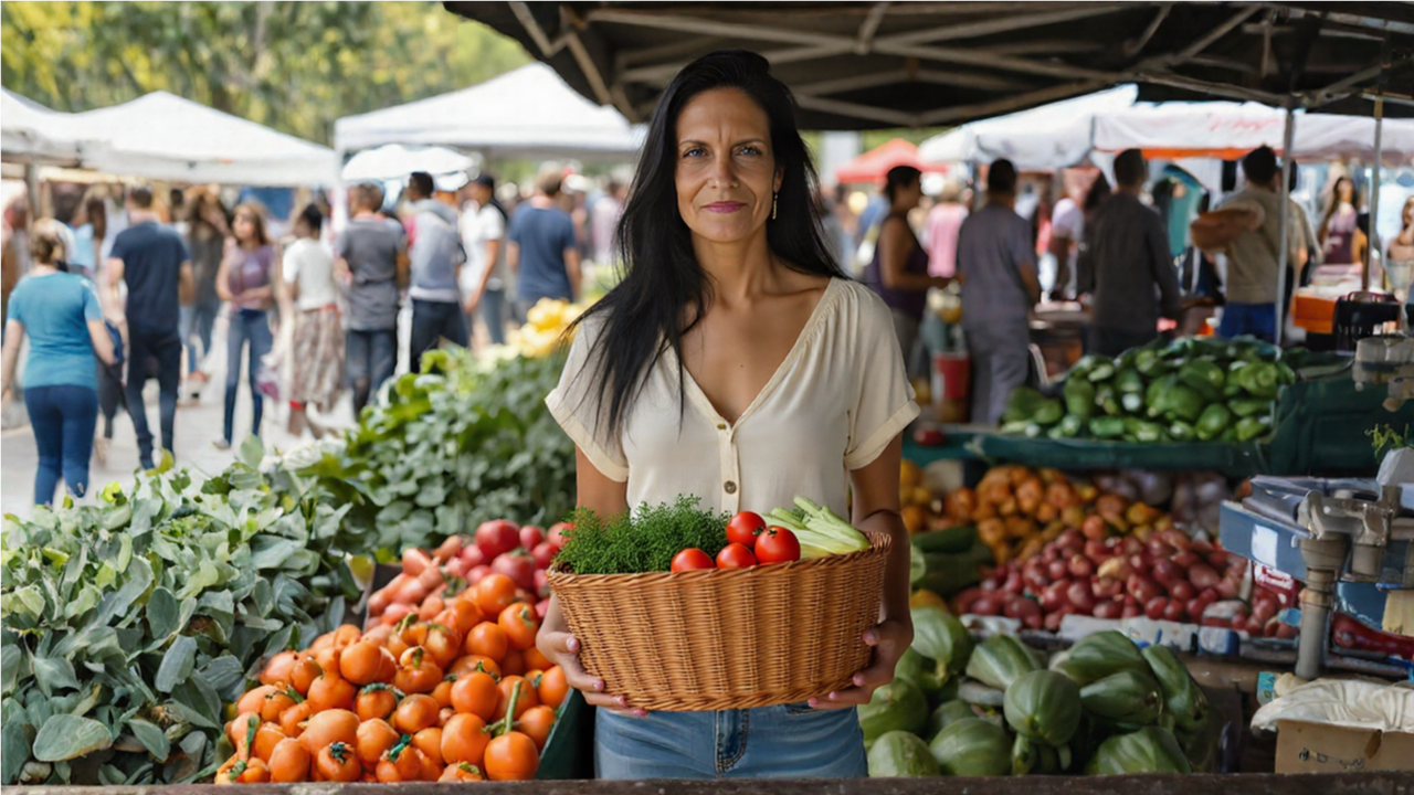 Woman holding vegetables at a busy farmers market.