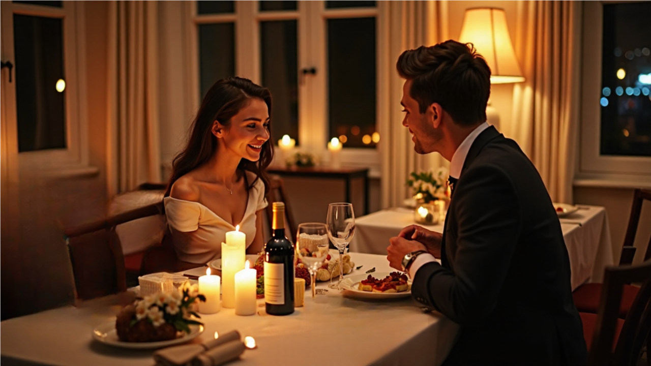 Couple enjoying romantic candlelit dinner at home.