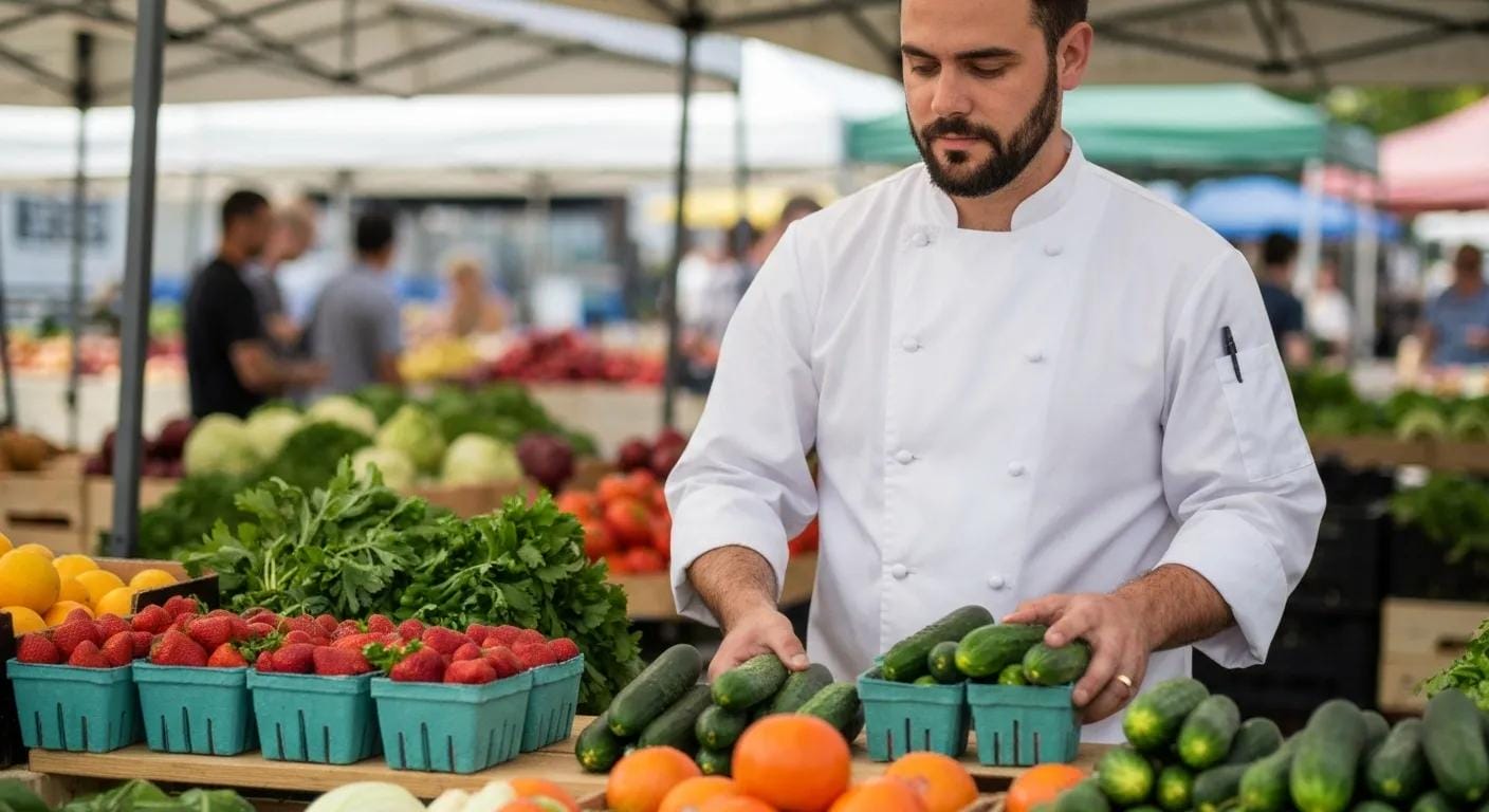 Personal chef selecting fresh local ingredients at a farmer's market, highlighting the importance of quality sourcing