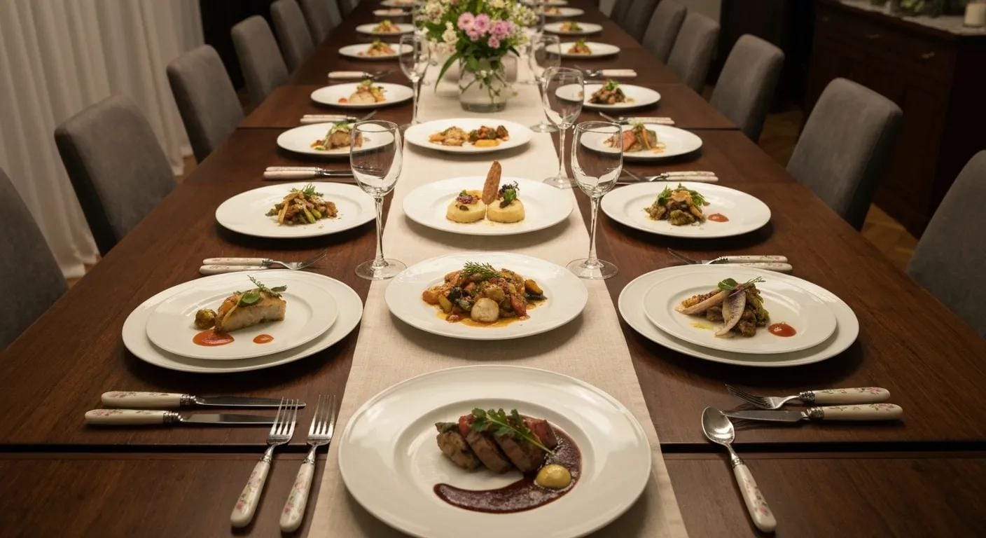 Elegant dining table with beautifully plated dishes, showcasing a customized menu for a special event